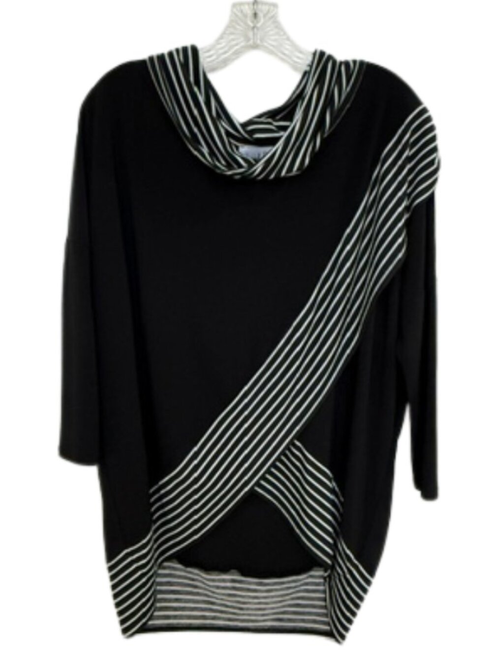 Joseph Ribkoff black and white knit cowl neck tunic top.